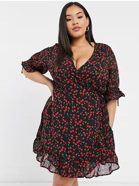 Wednesday's Girl Cherry Print Wrap Dress with Tie Sleeves